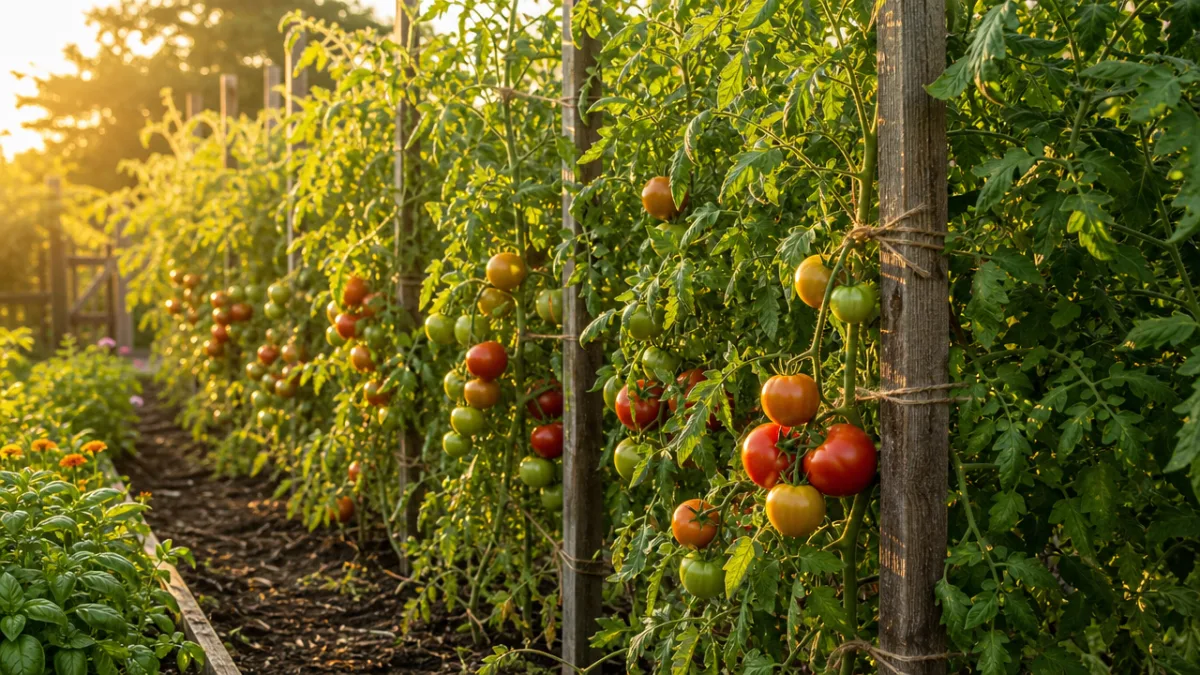 a lush garden row of tall tomato plants tied to wooden stakes,…