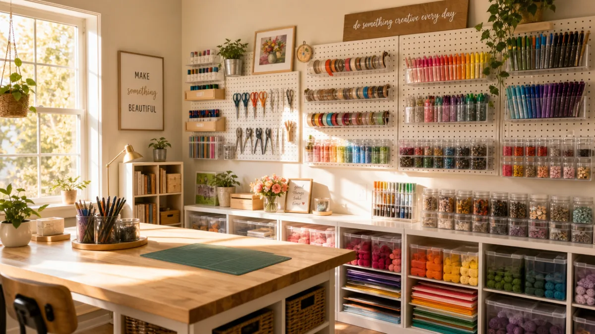 a sunlit craft room with neatly organized pegboards, colorful supplies sorted by…