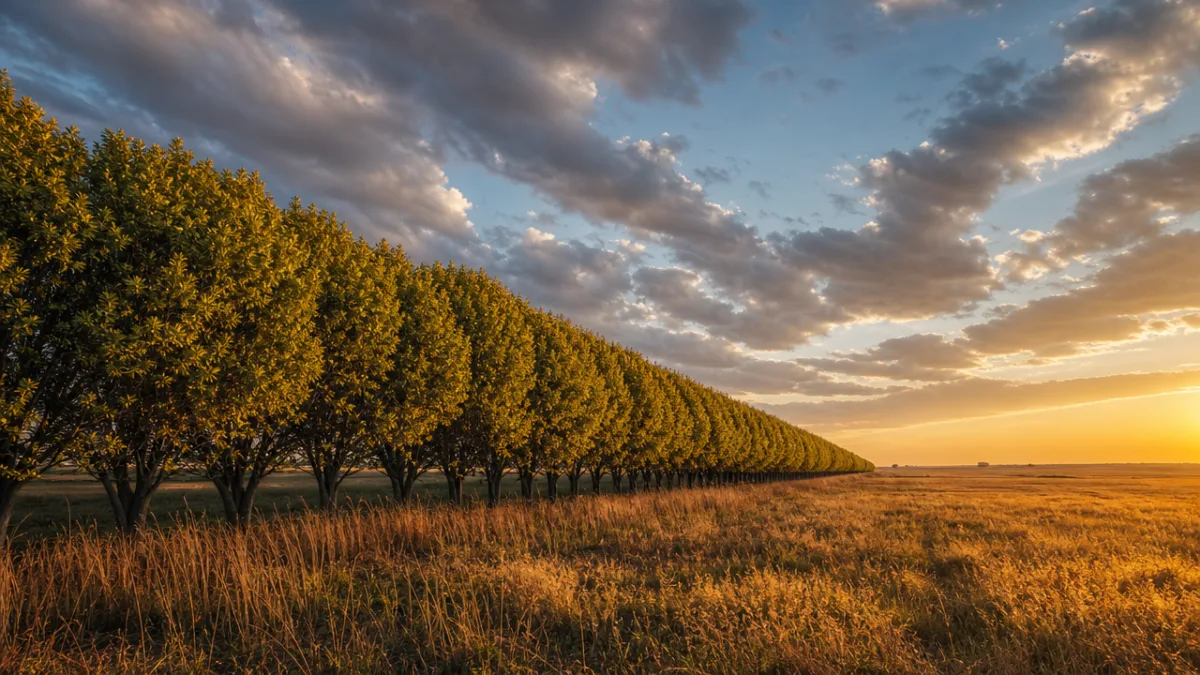 rows of Osage orange trees forming a windbreak across a flat prairie…