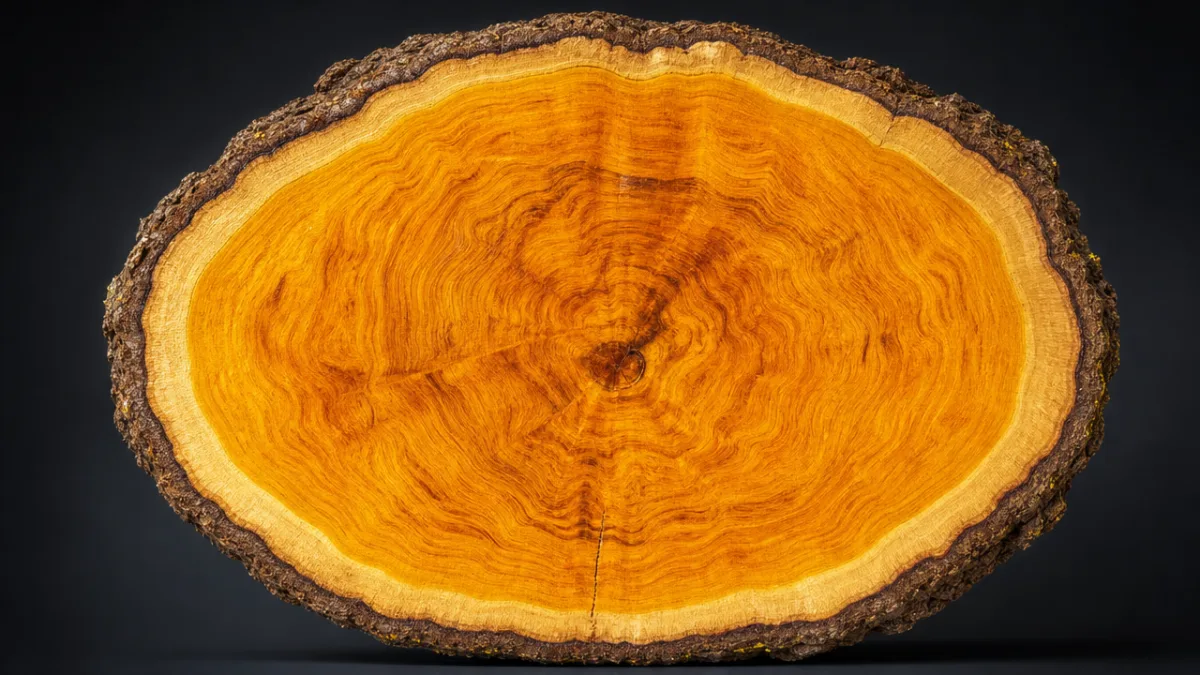 cross-section of Maclura pomifera timber showing vivid orange-gold heartwood grain, studio lighting,…