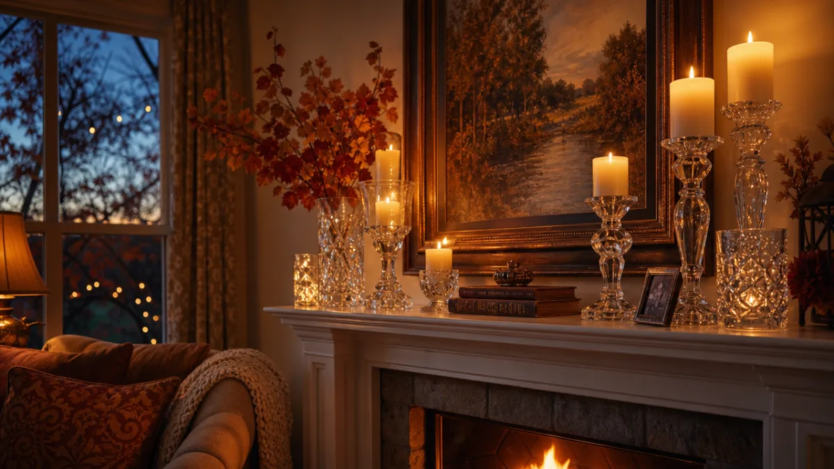 a cozy living room mantel adorned with crystal candle holders, soft flickering…
