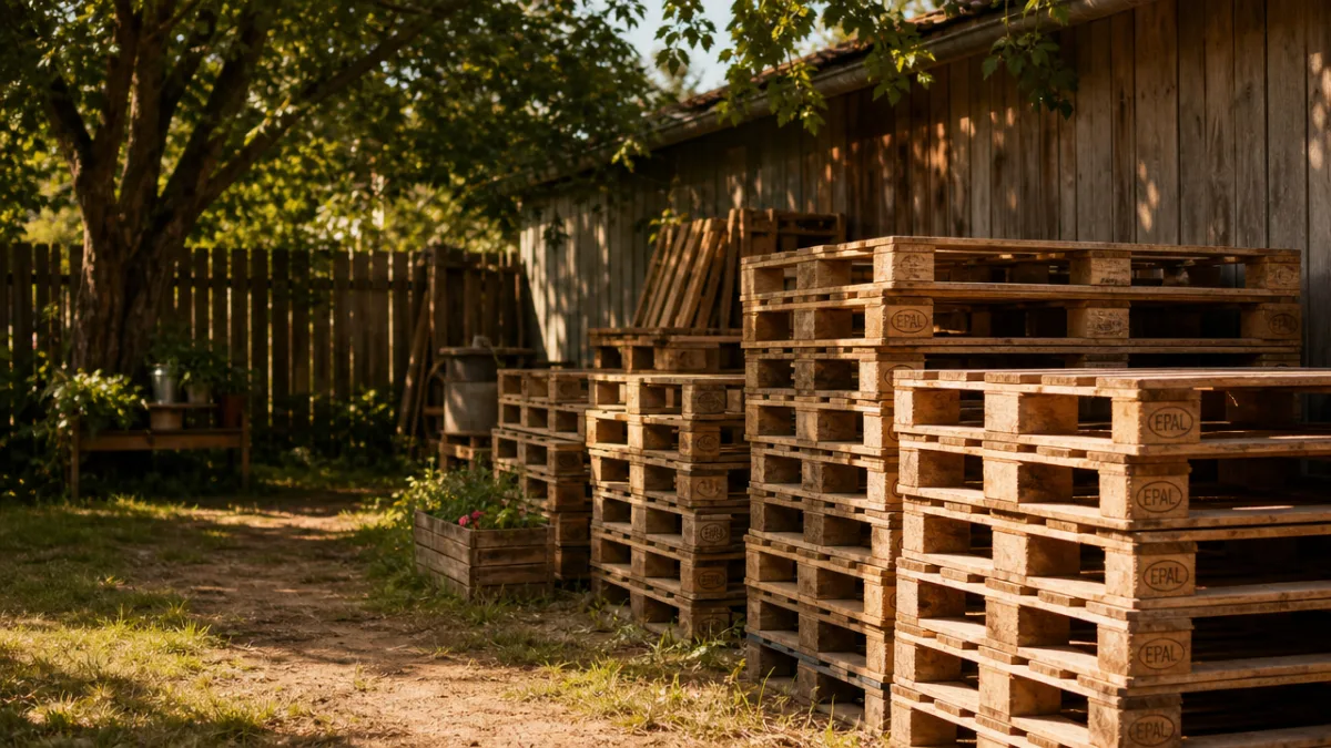 a rustic backyard with neatly stacked wooden pallets in warm afternoon sunlight,…