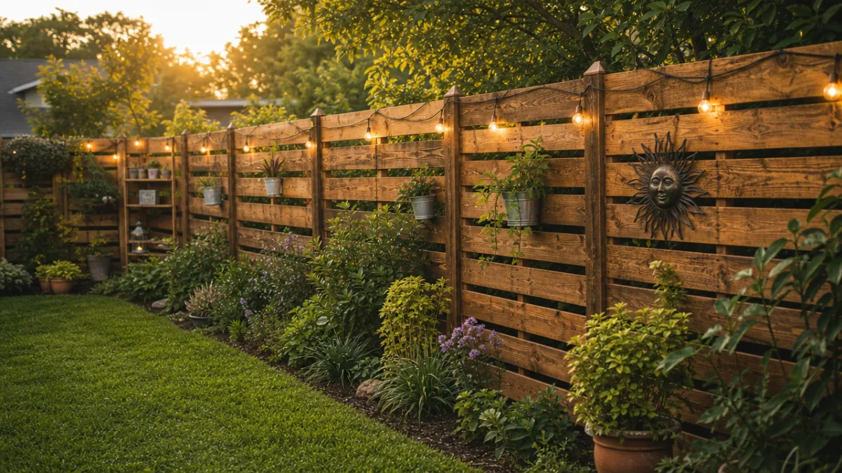 a finished pallet fence in a lush green backyard garden with warm…