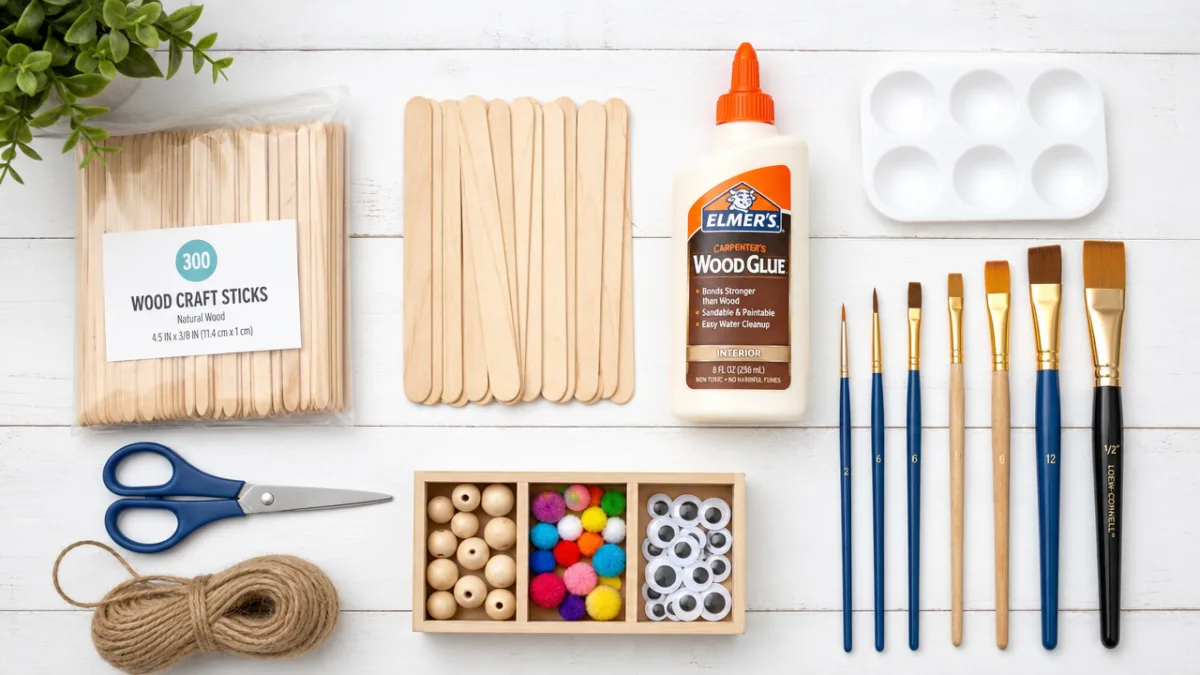 a neatly arranged flat lay of craft supplies including popsicle sticks, paint…