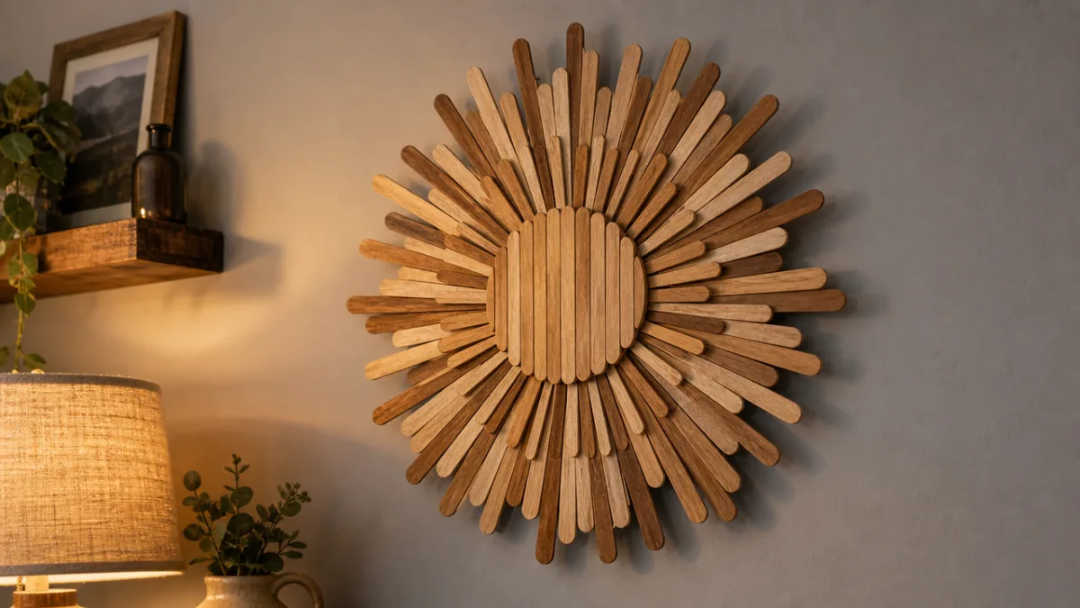 a handmade wooden popsicle stick sunburst wall art piece mounted on a…