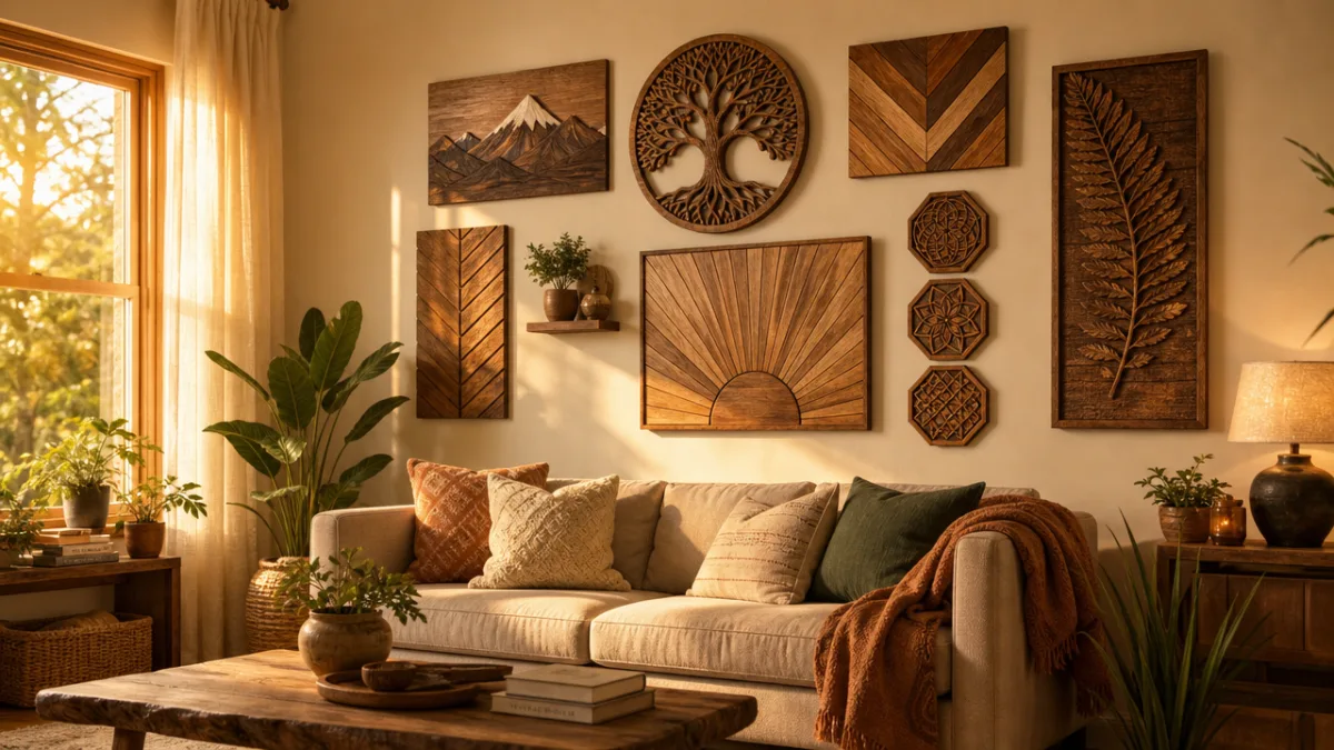 a cozy living room gallery wall featuring multiple handcrafted wooden wall art…