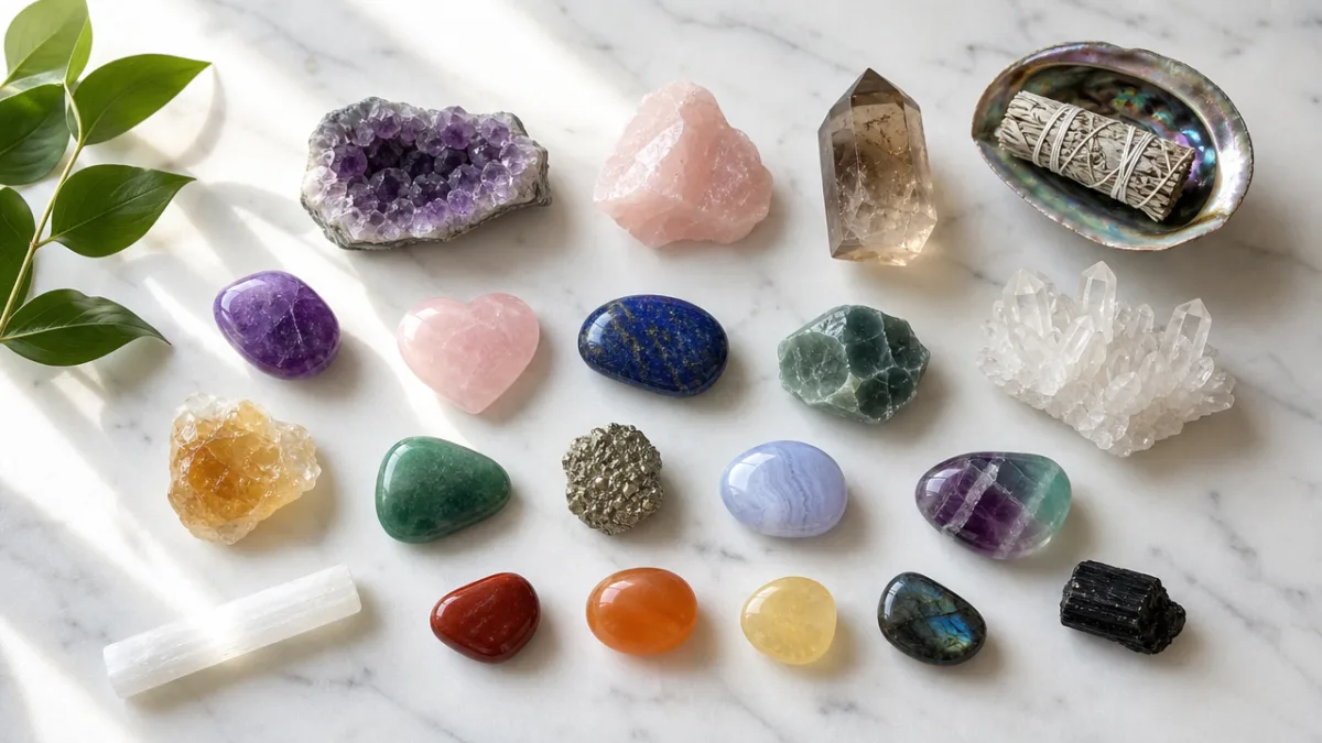 a flat lay of colorful healing crystals arranged on a white marble…