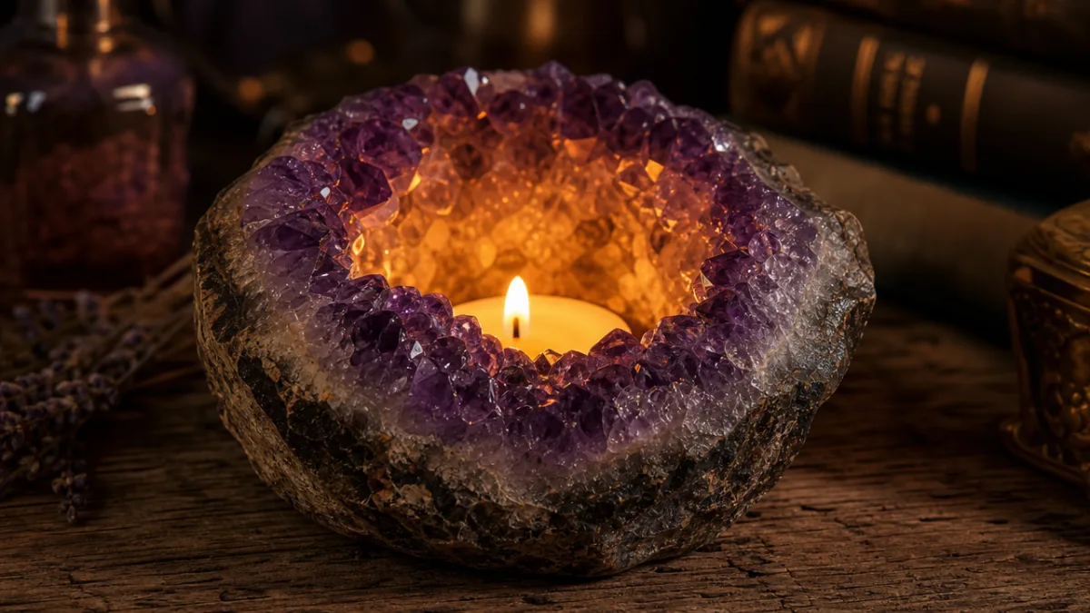 a close-up of an amethyst geode candle vessel glowing with warm amber…