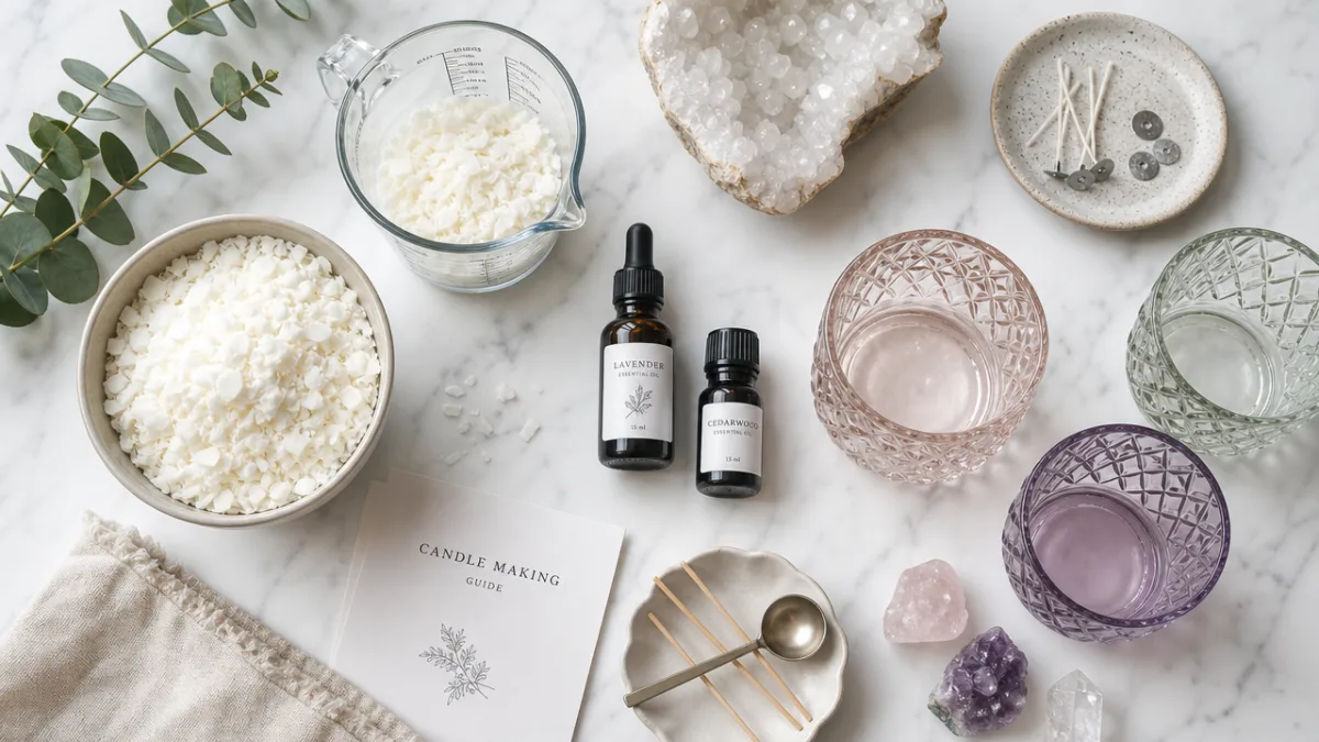 a serene flat lay of candle-making supplies including soy wax, essential oils,…