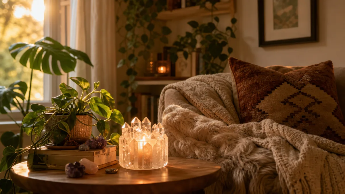 a cozy living room corner with a glowing crystal candle on a…