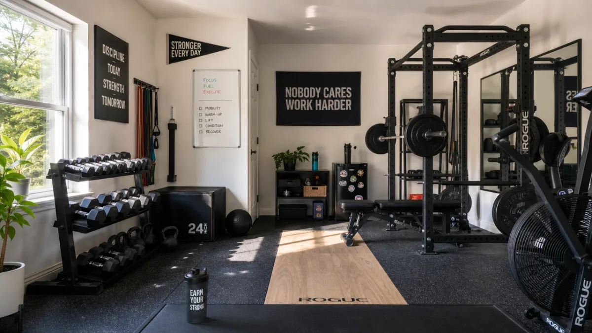 a bright home garage gym with rubber flooring, organized equipment, natural light…