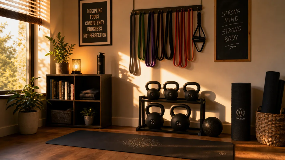 a compact home gym corner with kettlebells, resistance bands and a yoga…