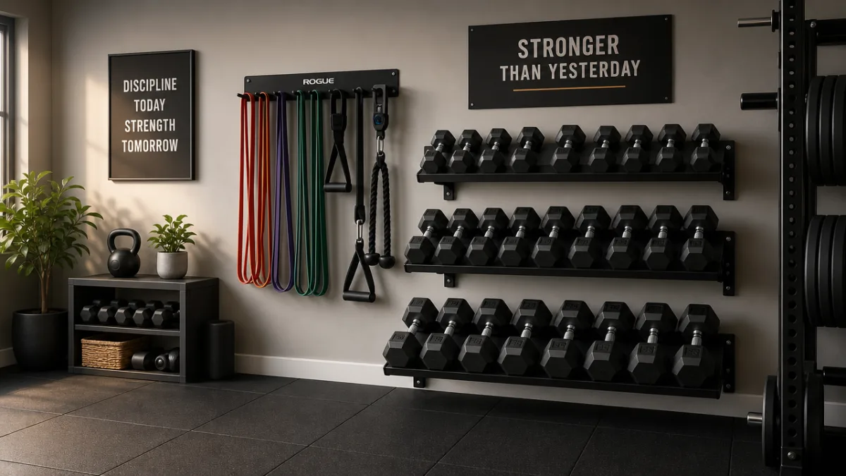 an organized home gym wall with neatly hung resistance bands, dumbbells on…