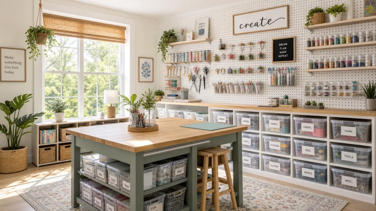a bright and airy craft room with floor-to-ceiling pegboards, clear labeled bins,…