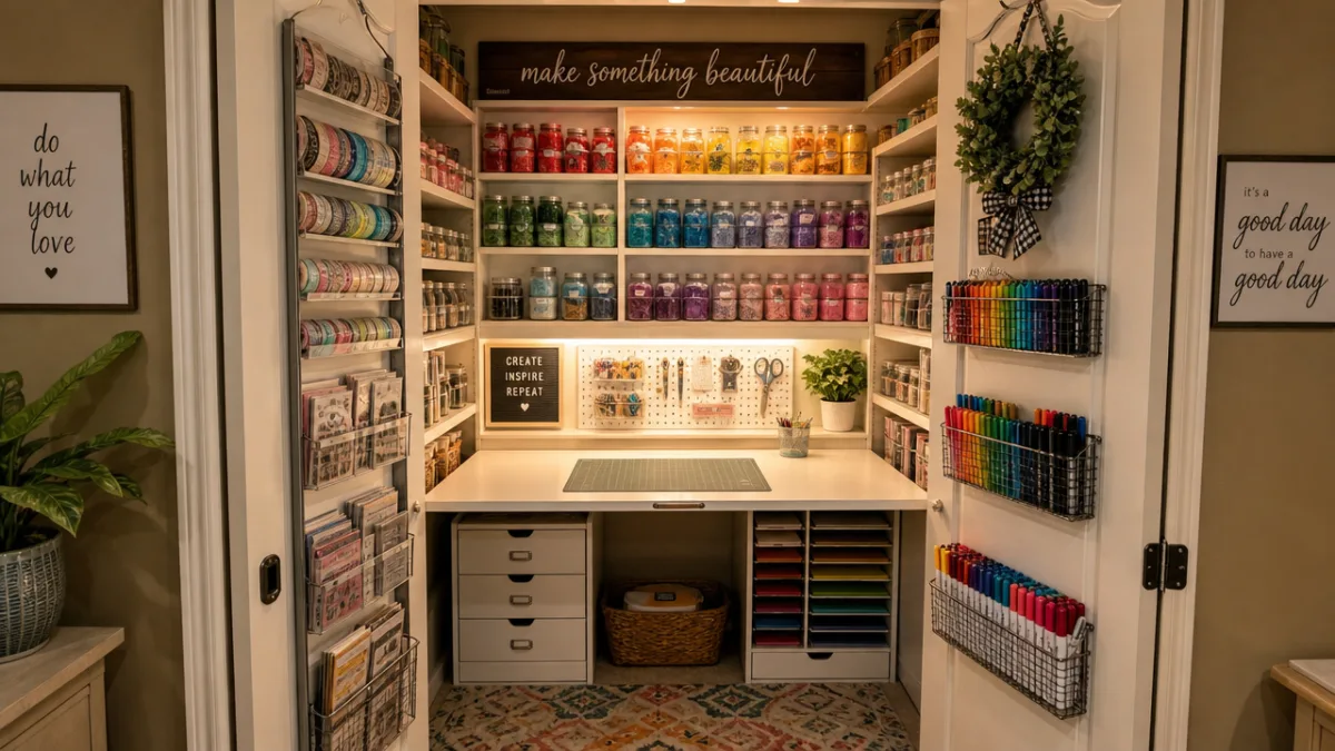a cleverly organized craft closet with fold-down desk, rainbow-sorted supplies on shelves,…