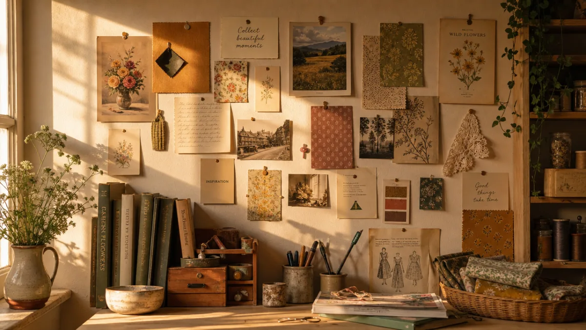 a cozy craft room inspiration wall with pinned swatches, vintage prints, and…