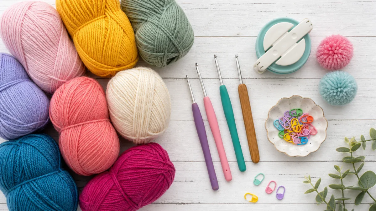 a flat lay of colorful yarn skeins, crochet hooks, pompom maker and…