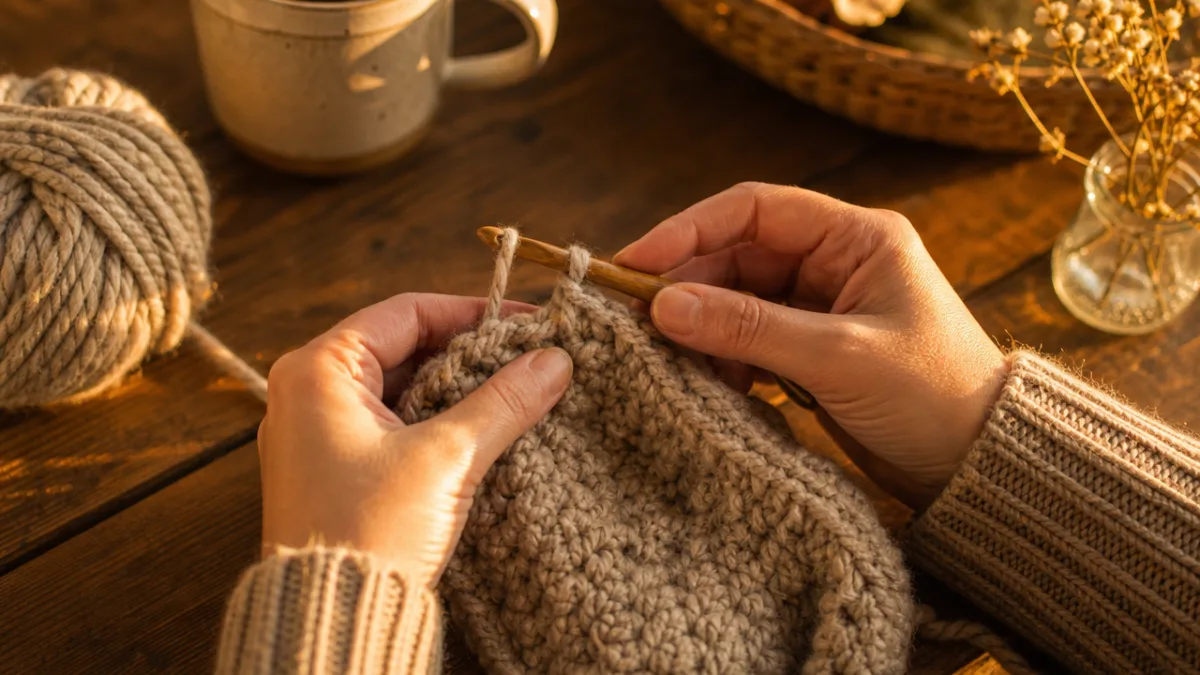 hands crocheting with chunky oatmeal yarn on a wooden table, warm golden…
