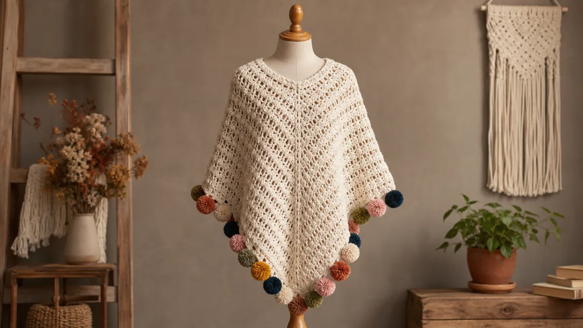 a finished cream crochet poncho with colorful pompoms displayed on a wooden…