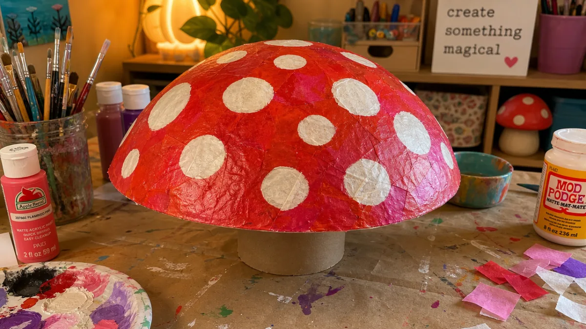 a colorful paper mache mushroom cap drying on a craft table, warm…