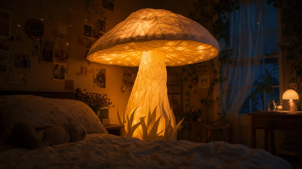 a glowing giant paper mushroom with warm fairy light illumination in a…