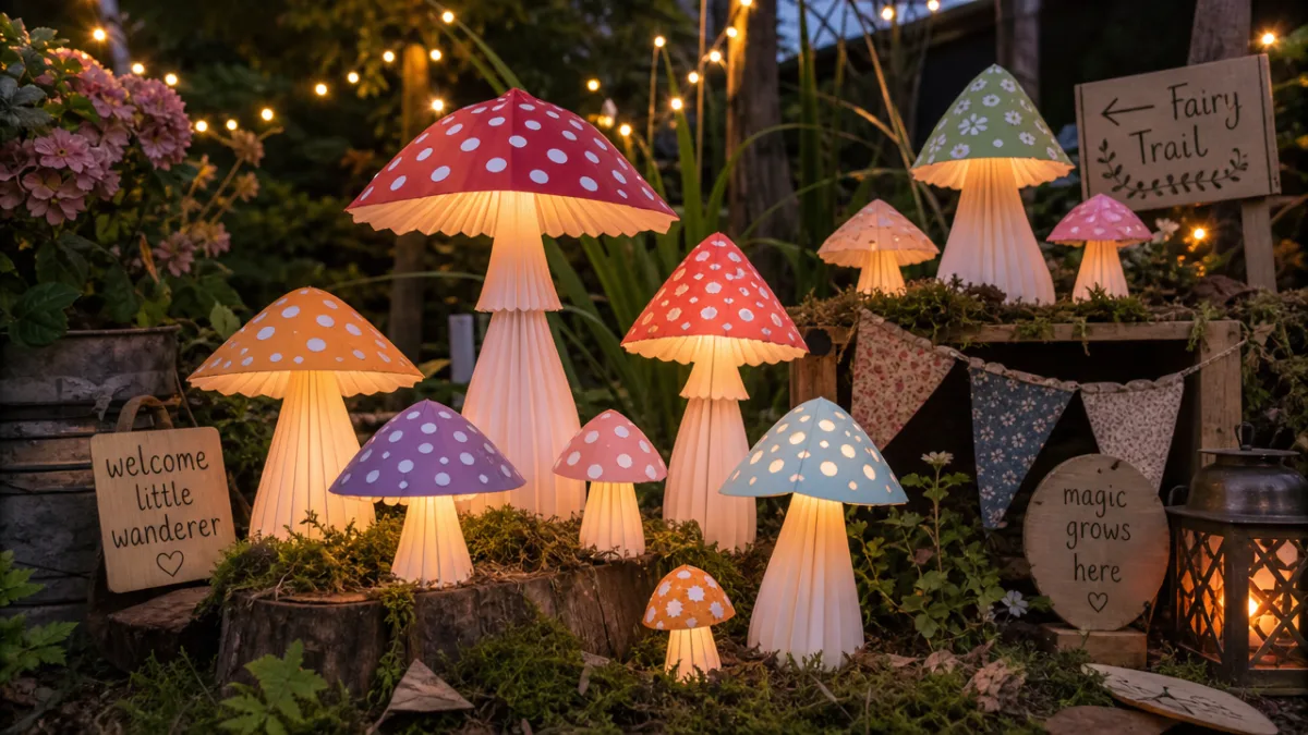 a whimsical woodland craft display with multiple glowing paper mushrooms in various…