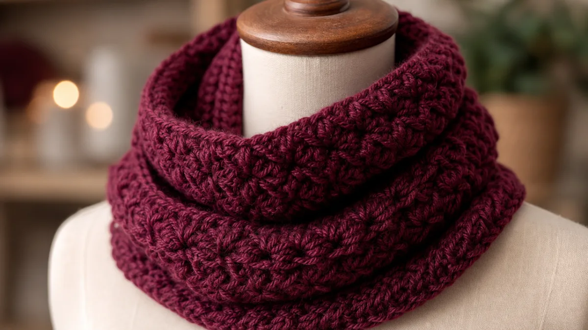 a close-up of a richly textured handmade crochet cowl in deep burgundy…
