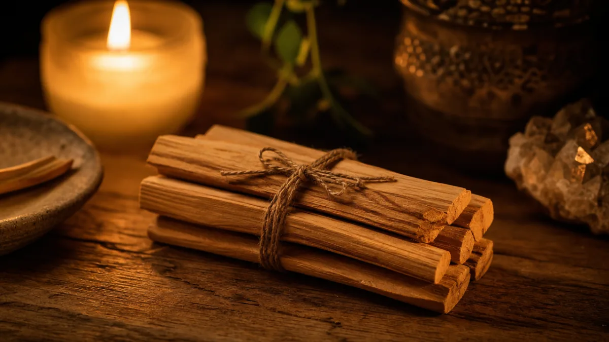 a bundle of palo santo sticks resting on a wooden surface, warm…