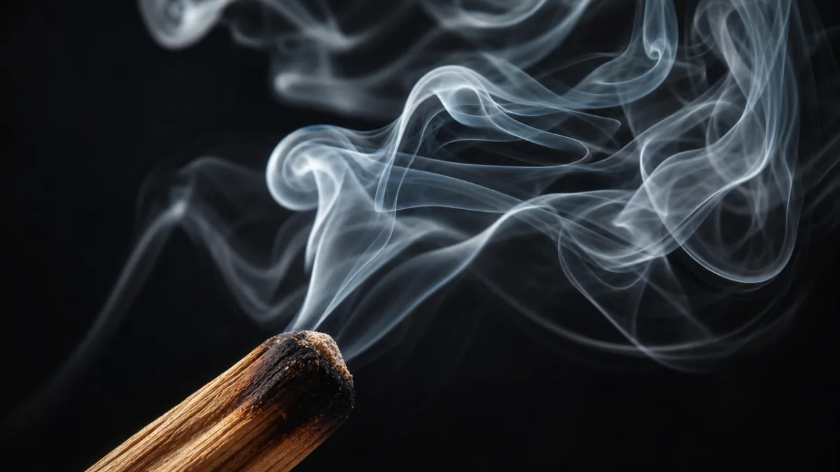 close-up of palo santo smoke rising in soft spirals against a dark…