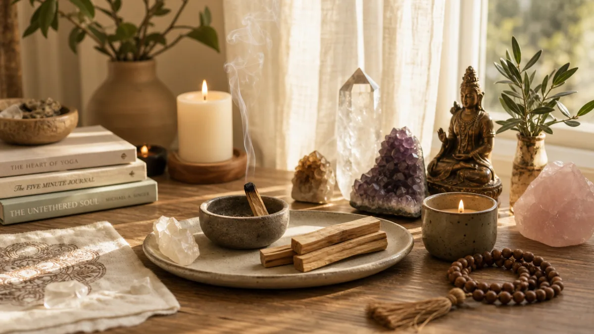 a peaceful meditation altar with palo santo sticks, crystals, and candles, soft…