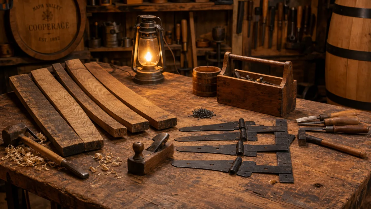 a rustic workshop bench with wine barrel staves, metal hinges, and woodworking…