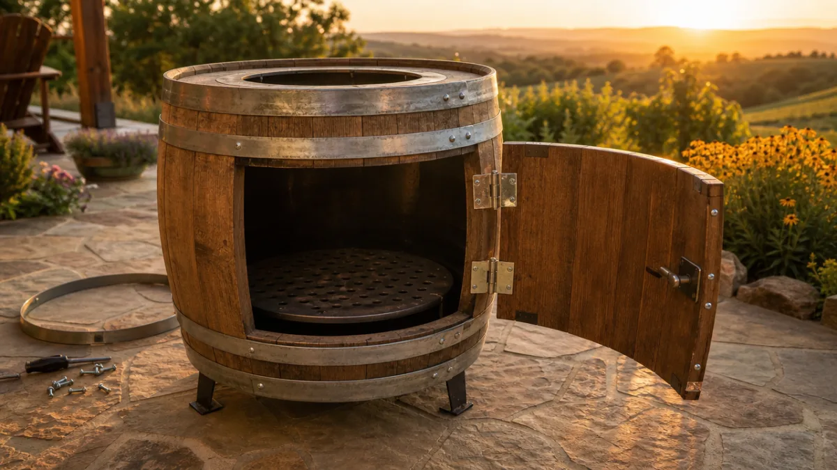 a half-assembled wine barrel fire pit with an open wooden door panel,…
