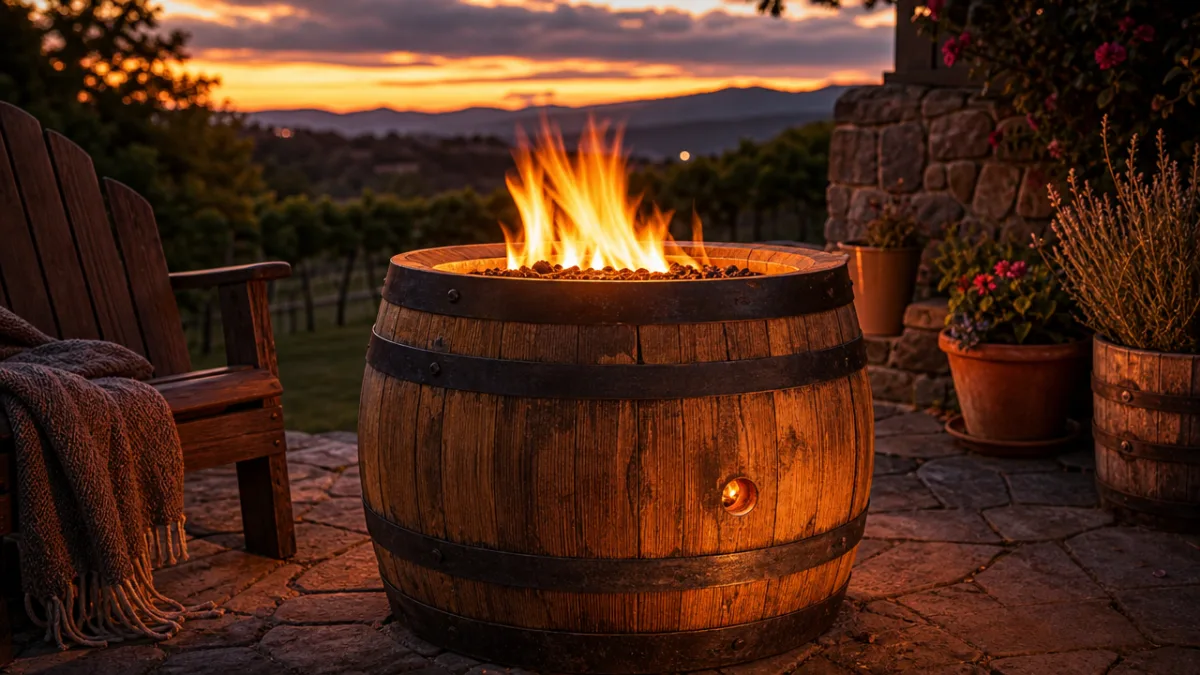 a glowing wine barrel fire pit on a stone patio at dusk,…