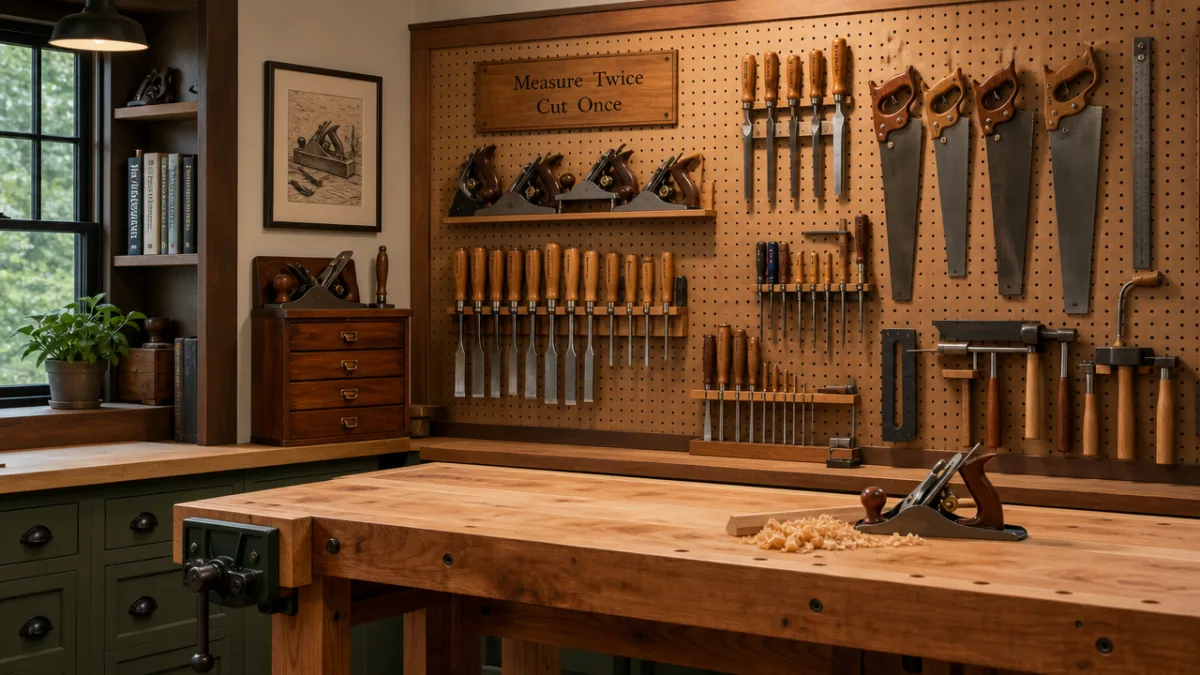 a neatly organized woodworking workshop with hand tools on a pegboard, warm…