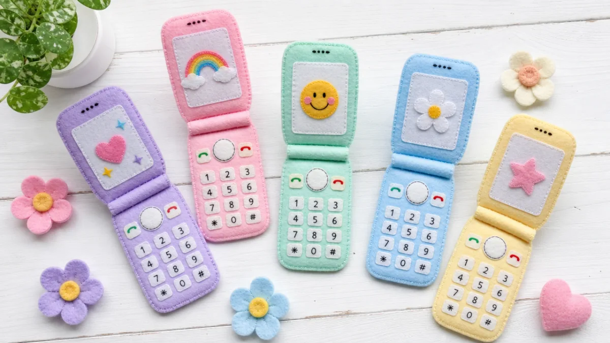 a colorful flat lay of handmade felt flip phones in pastel shades…