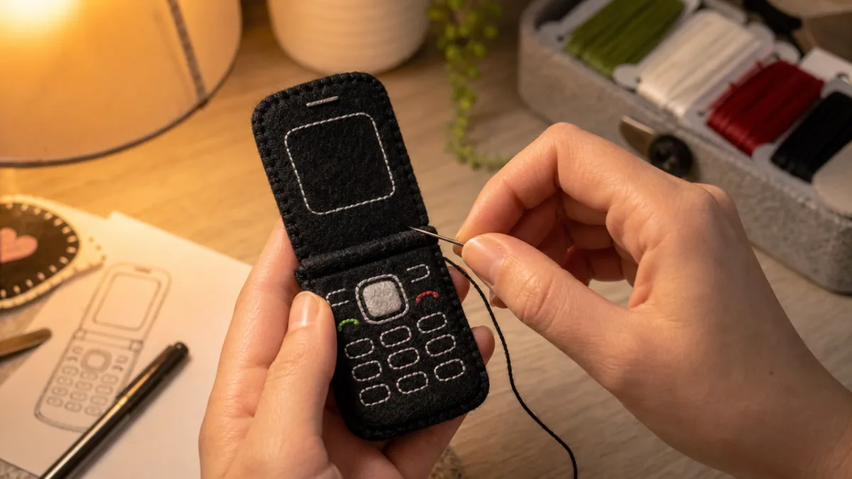 close-up of hands stitching a small black felt flip phone with embroidery…