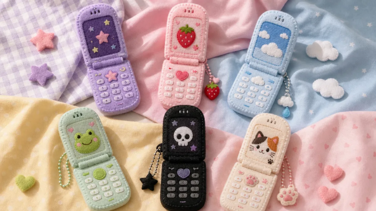 a flat lay of six different themed felt flip phones arranged on…