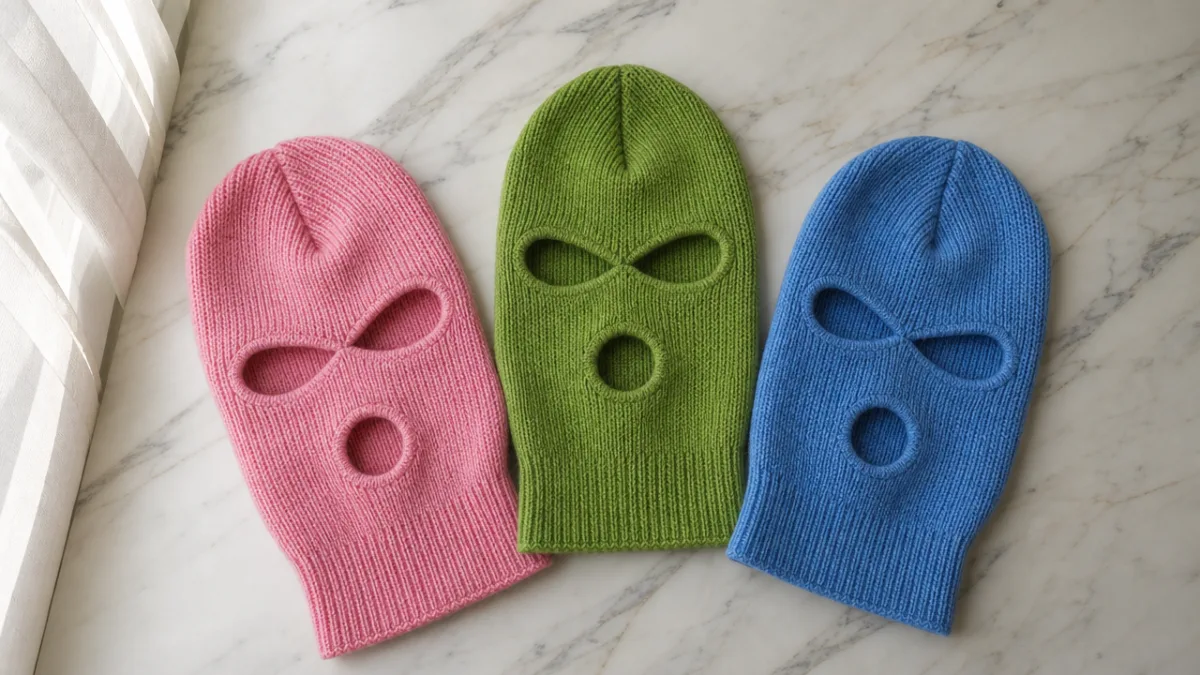 a flat lay of three colorful knitted balaclavas on a marble surface,…