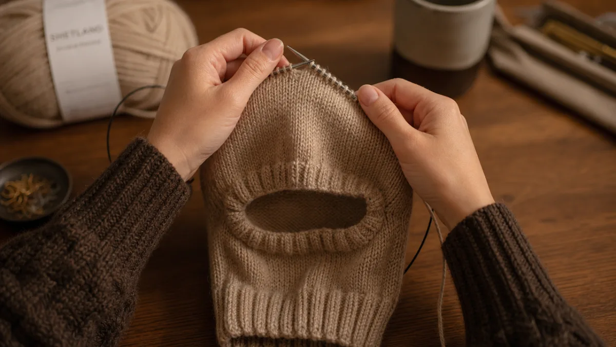 hands knitting a beige wool balaclava on circular needles, warm studio lighting…