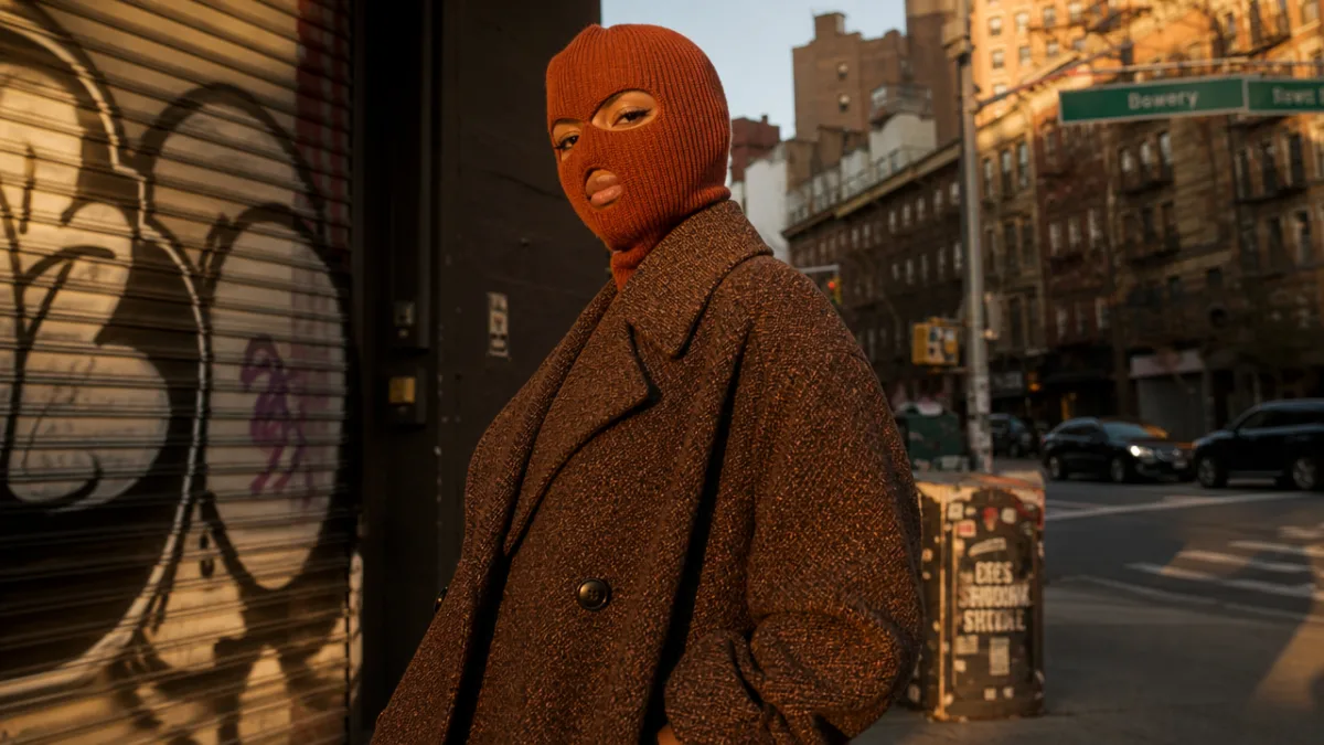 a confident person wearing a rust-colored knitted balaclava with an oversized coat…
