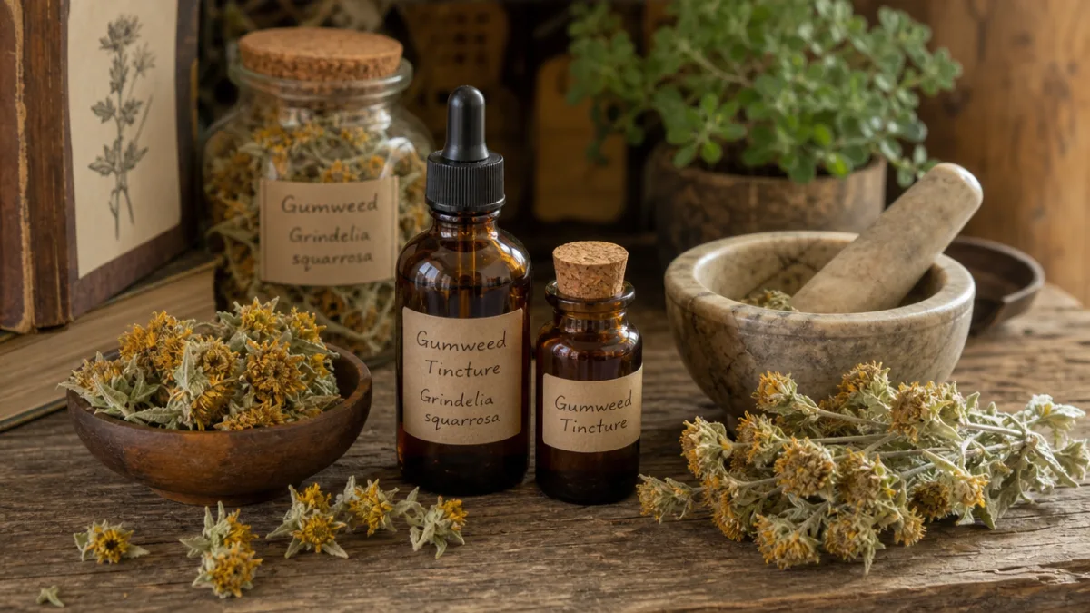 rustic wooden table with herbal tincture bottles, dried gumweed flowers, and mortar…