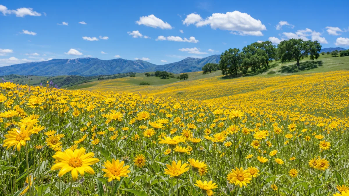 sweeping meadow landscape filled with blooming yellow gumweed wildflowers, bright midday summer…