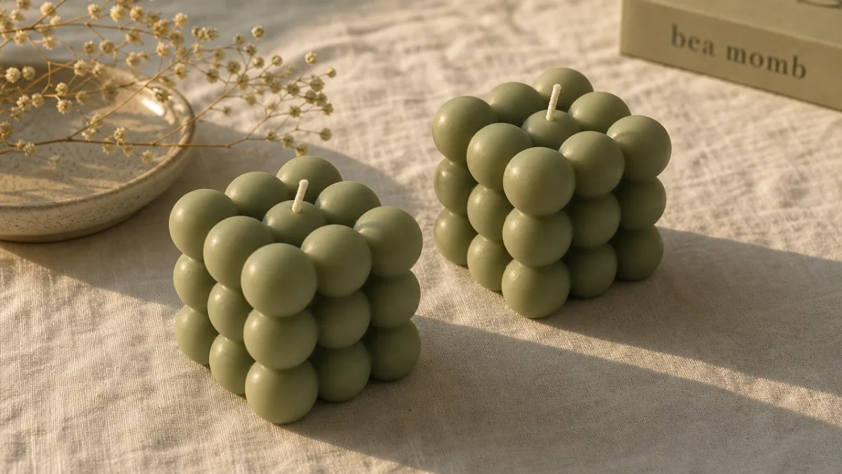 two sage green bubble cube candles on a linen tablecloth, warm golden…