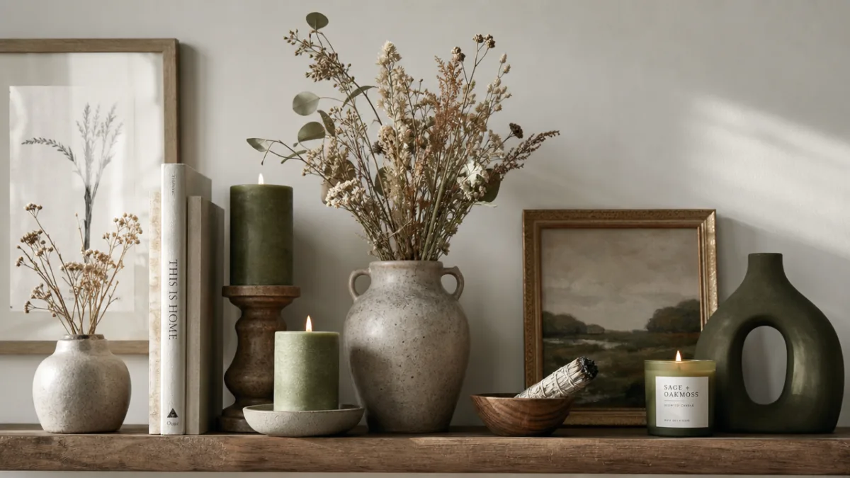 styled shelf vignette with sage green candles, dried botanicals, and ceramic objects,…