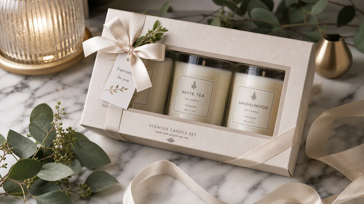 elegantly wrapped candle gift set on a marble surface with ribbon and…