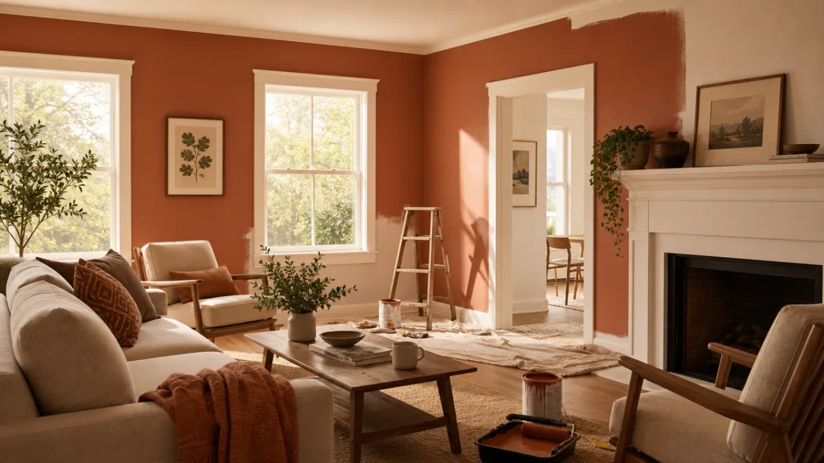 a cozy living room being freshly painted in warm terracotta tones, soft…