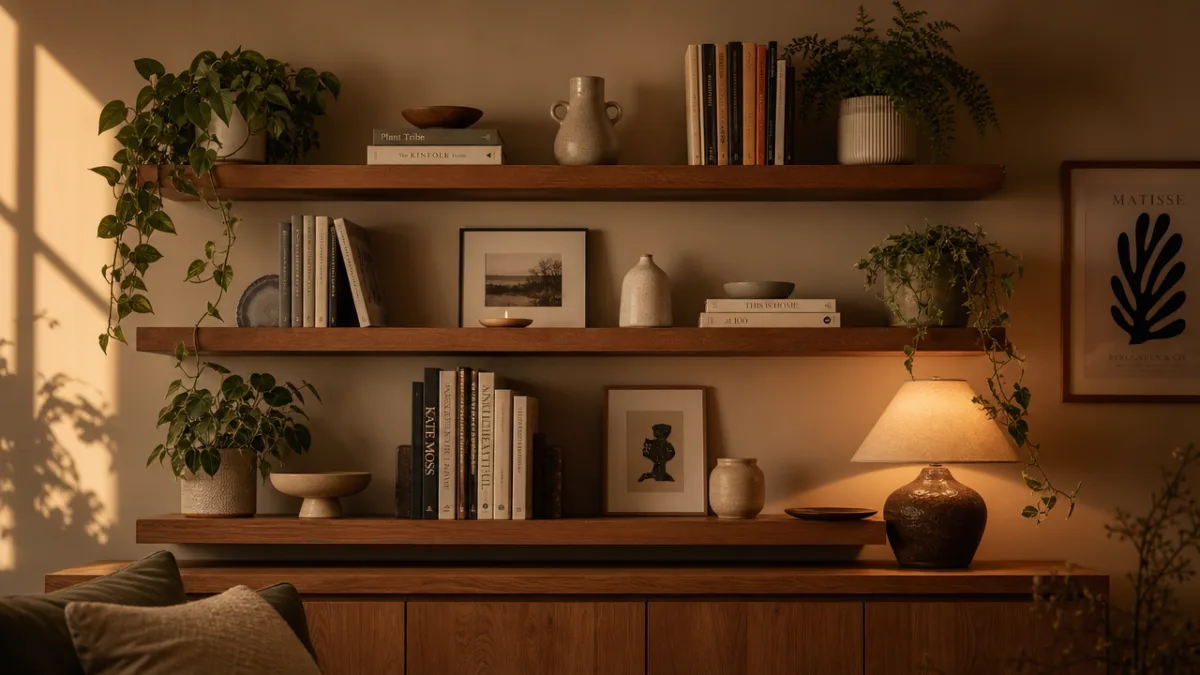 a styled living room shelf arrangement with books, plants, and ceramic objects…