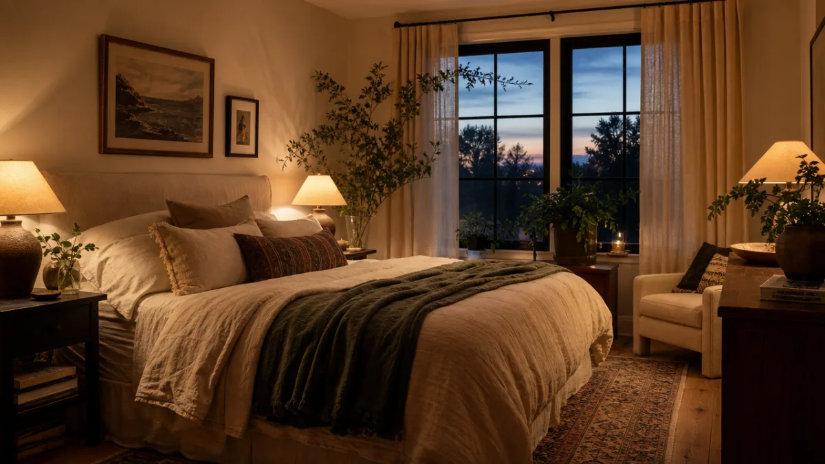 a beautifully lit bedroom with layered textiles, soft lamplight, linen curtains, and…
