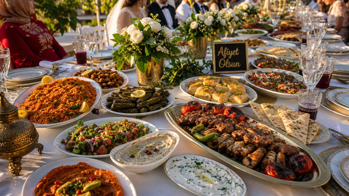 an abundant Turkish wedding feast spread on a long outdoor table, warm…