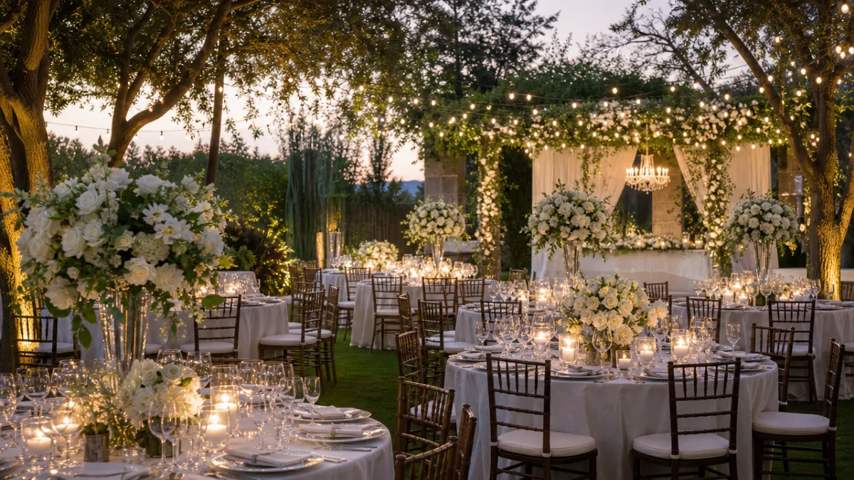 an elegant outdoor wedding reception setup in a lush garden, soft twilight…